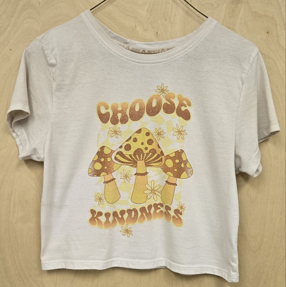 Ladies Cream "Choose Kindness' Short Sleeve Crop Top With Mushrooms On Front